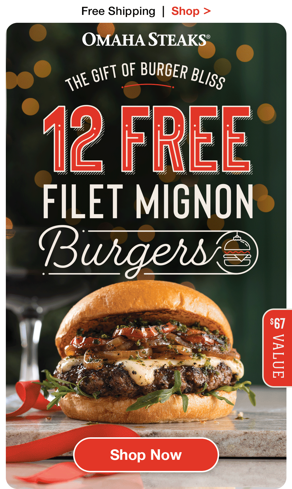 Free Shipping | Shop >    OMAHA STEAKS®  THE GIFT OF BURGER BLISS 12 FREE FILET MIGNON BURGERS  $67 VALUE  SHOP NOW 
