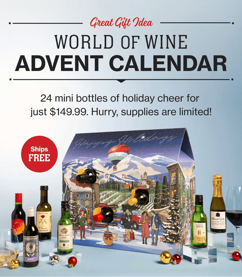 Great Gift Idea | WORLD OF WINE ADVENT CALENDAR - 24 mini bottles of holiday cheer for just $149.99. Hurry, supplies are limited! || Ships FREE
