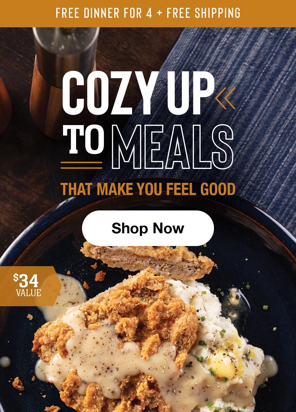 FREE DINNER FOR 4 + FREE SHIPPING | COZY UP TO MEALS THAT MAKE YOU FEEL GOOD || Shop Now || $34 VALUE