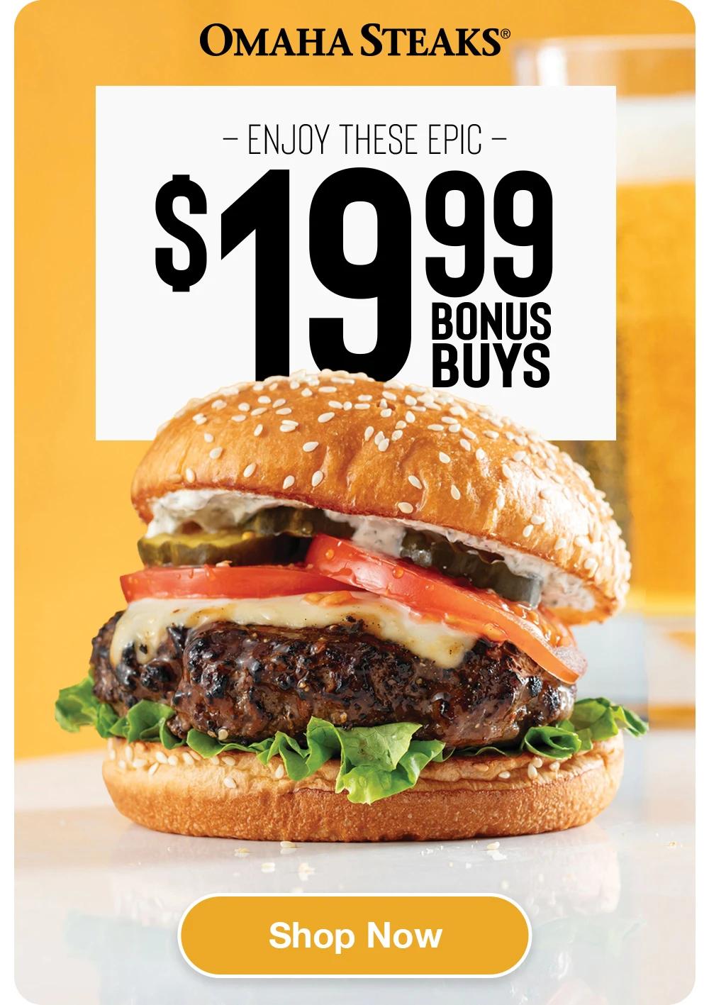 OMAHA STEAKS®  Enjoy These Epic  $19.99 Bonus Buys  Shop Now 