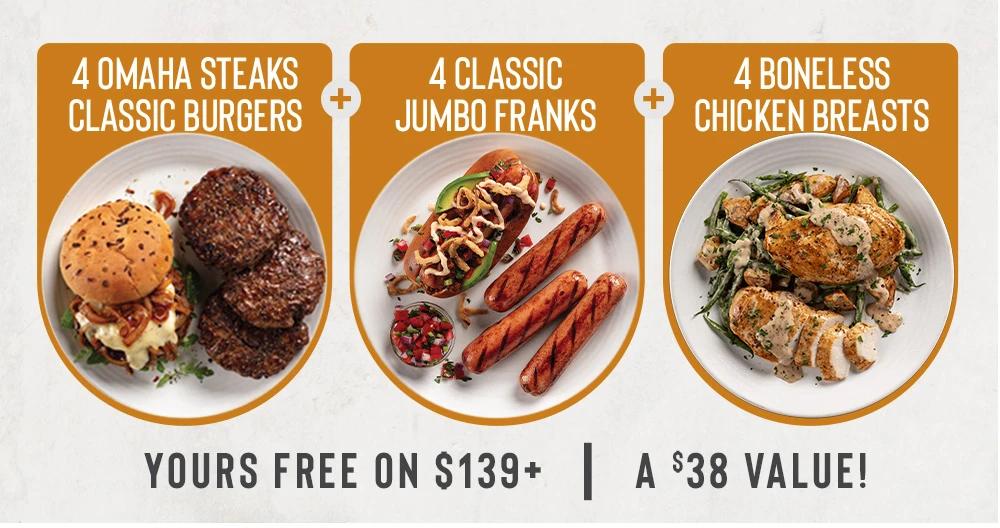 4 OMAHA STEAKS CLASSIC BURGERS + 4 CLASSIC JUMBO FRANKS + 4 CARAMEL APPLE TARTLETS  Yours free on $139+  |  A $38 Value! 