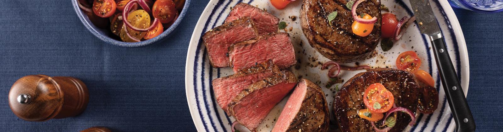 Beautifully cooked medium rare steak from Omaha Steaks