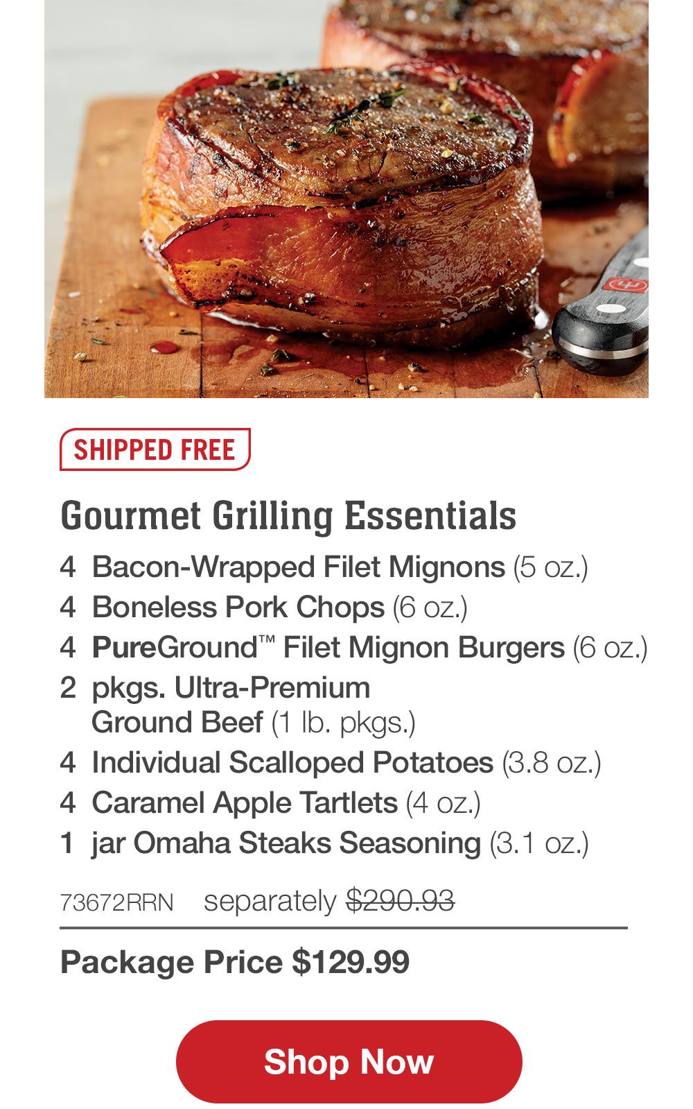 SHIPPED FREE | The Butcher's Supreme Sampler - 4 Butcher's Cut Filet Mignons (5 oz.) - 4 Air-Chilled Boneless Chicken Breasts (5 oz.) - 4 Omaha Steaks Burgers (6 oz.) - 4 Gourmet Jumbo Franks (3 oz.) - 4 Steakhouse Hash Browns (3.75 oz.) - 4 Caramel Apple Tartlets (4 oz.) - 1 jar Omaha Steaks Seasoning (3.1 oz.) - 73727RRN separately $300.93 | Package Price $149.99 || Shop Now