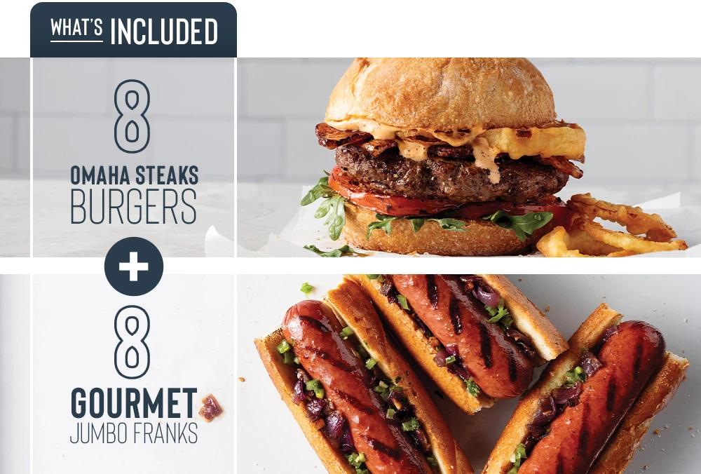 WHAT'S INCLUDED | 8 OMAHA STEAKS BURGERS | 8 GOURMET JUMBO FRANKS