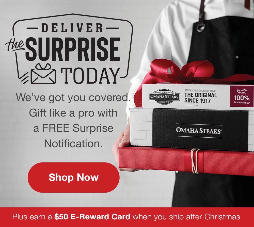 DELIVER THE SURPRISE TODAY | We've got you covered. Gift like a pro with a FREE Surprise Notification. || Shop Now || Plus earn a $50 E-Reward Card when you ship after Christmas