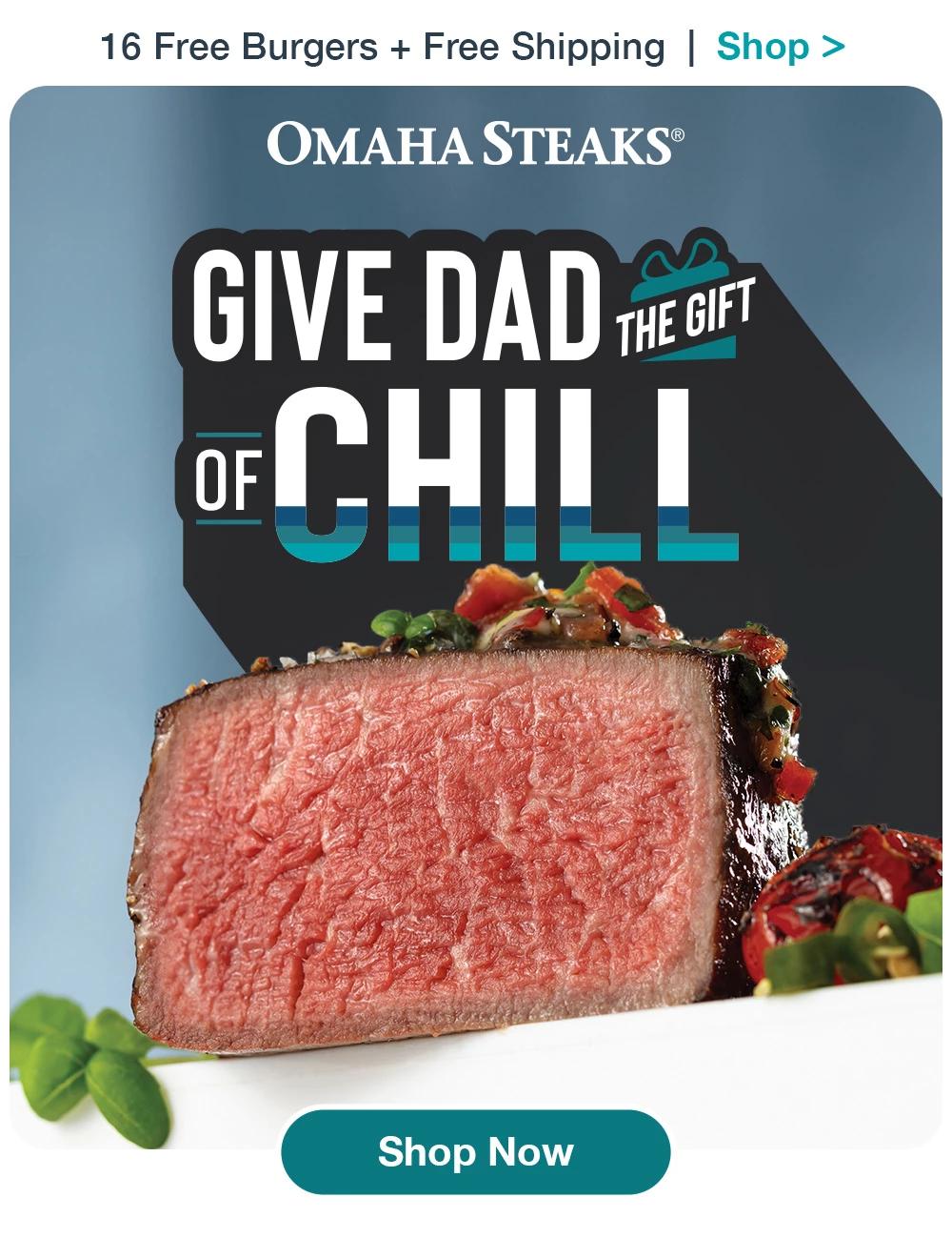 16 Free Burgers + Free Shipping | Shop >  ОМАНА STEAKS® | GIVE DAD THE GIFT OF CHILL || Shop Now