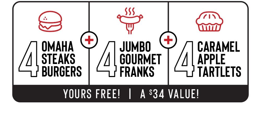 4 OMAHA STEAKS BURGERS + 4 JUMBO GOURMET FRANKS + 4 CARAMEL APPLE TARTLETS YOURS FREE! | A $34 VALUE!