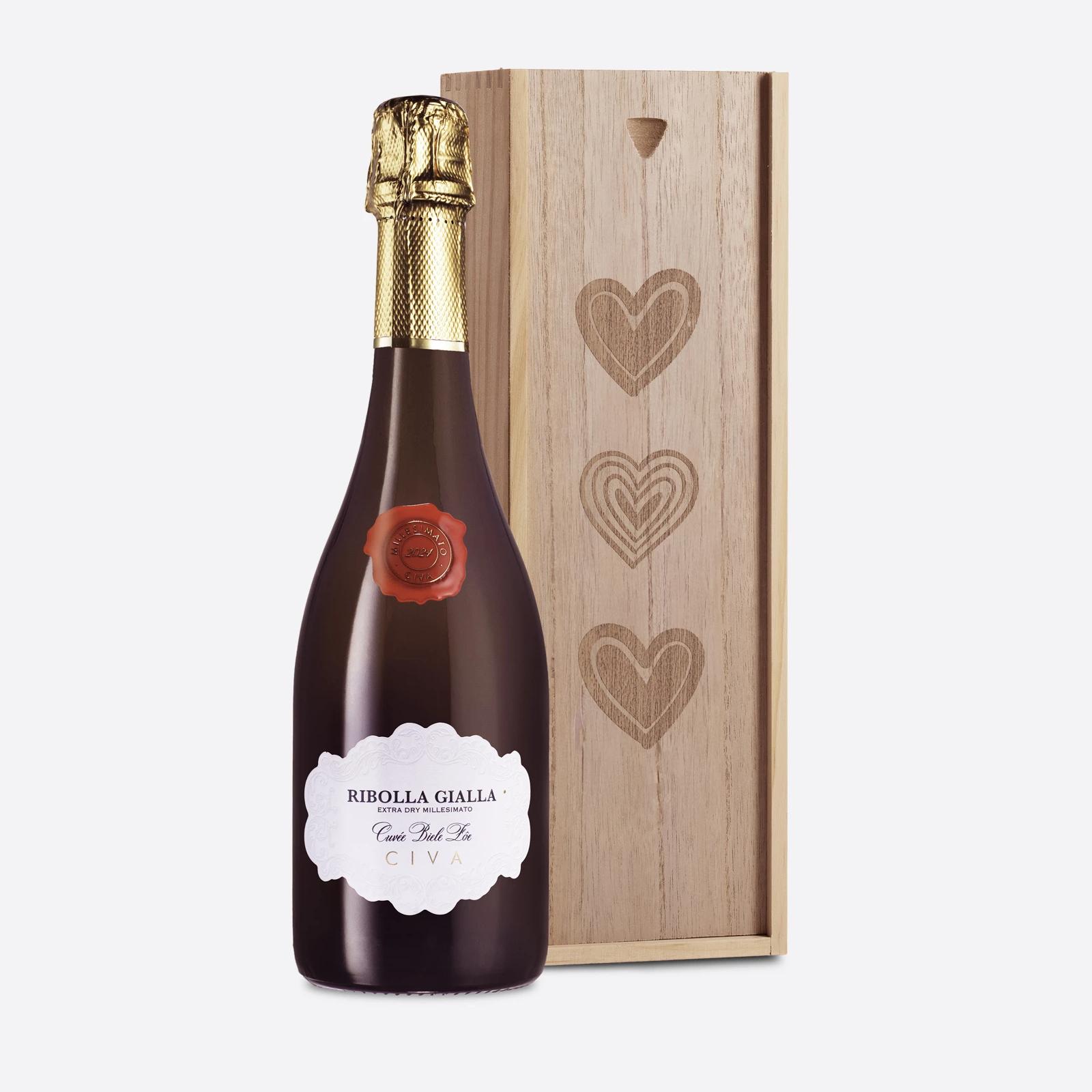 Italian Sparkling Wine in Heart-Engraved Wood Box