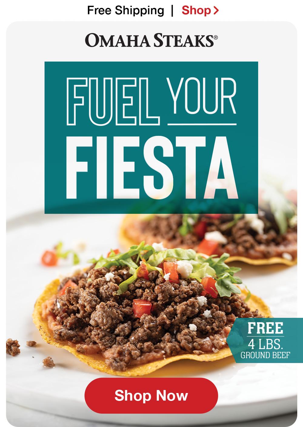 Free Shipping | Shop >  OMAHA STEAKS® | FUEL YOUR FIESTA - FREE 4 LBS. GROUND BEEF || Shop Now